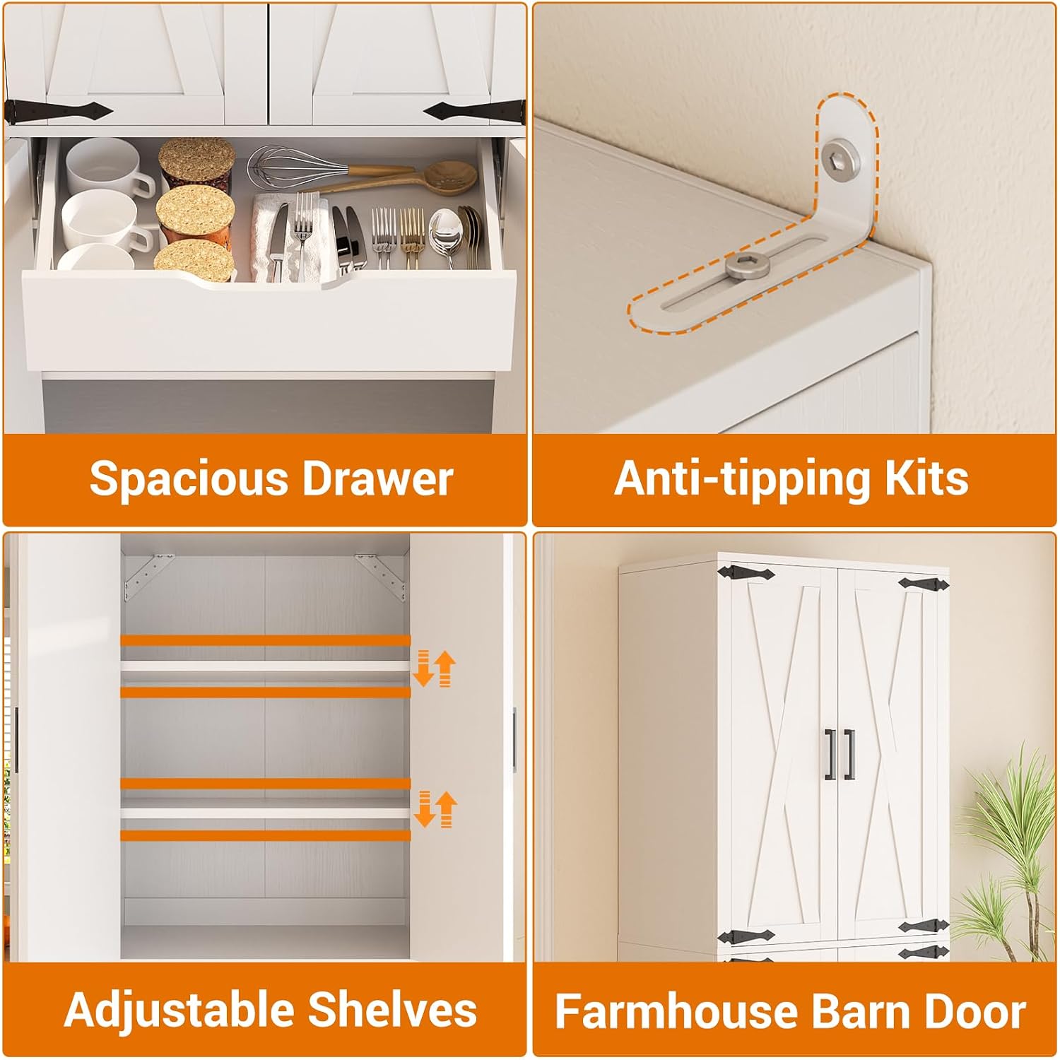 Unikito 71" Tall Kitchen Pantry Storage Cabinet With Farmhouse Barn Doors And Storage Drawer, 4 Adjustable Shelves, Freestanding Cupboard For Dining Room, Living Room, Utility Room, White
