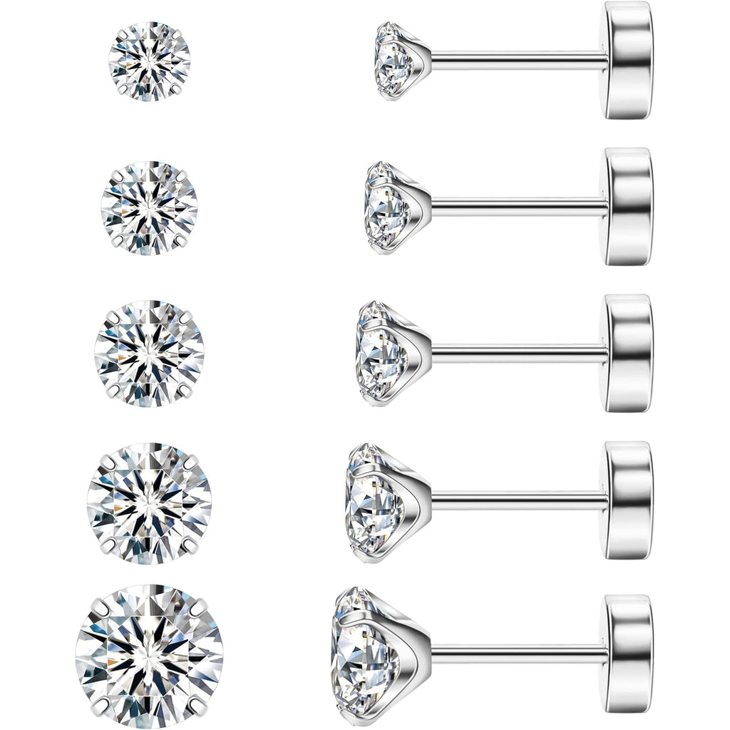 8MM Extra Long Post Earrings for Thick Earlobes 316L Surgical Stainless Steel Flat Back Earrings Hypoallergenic 5A Cubic Zirconia Stud Earrings for Women Men