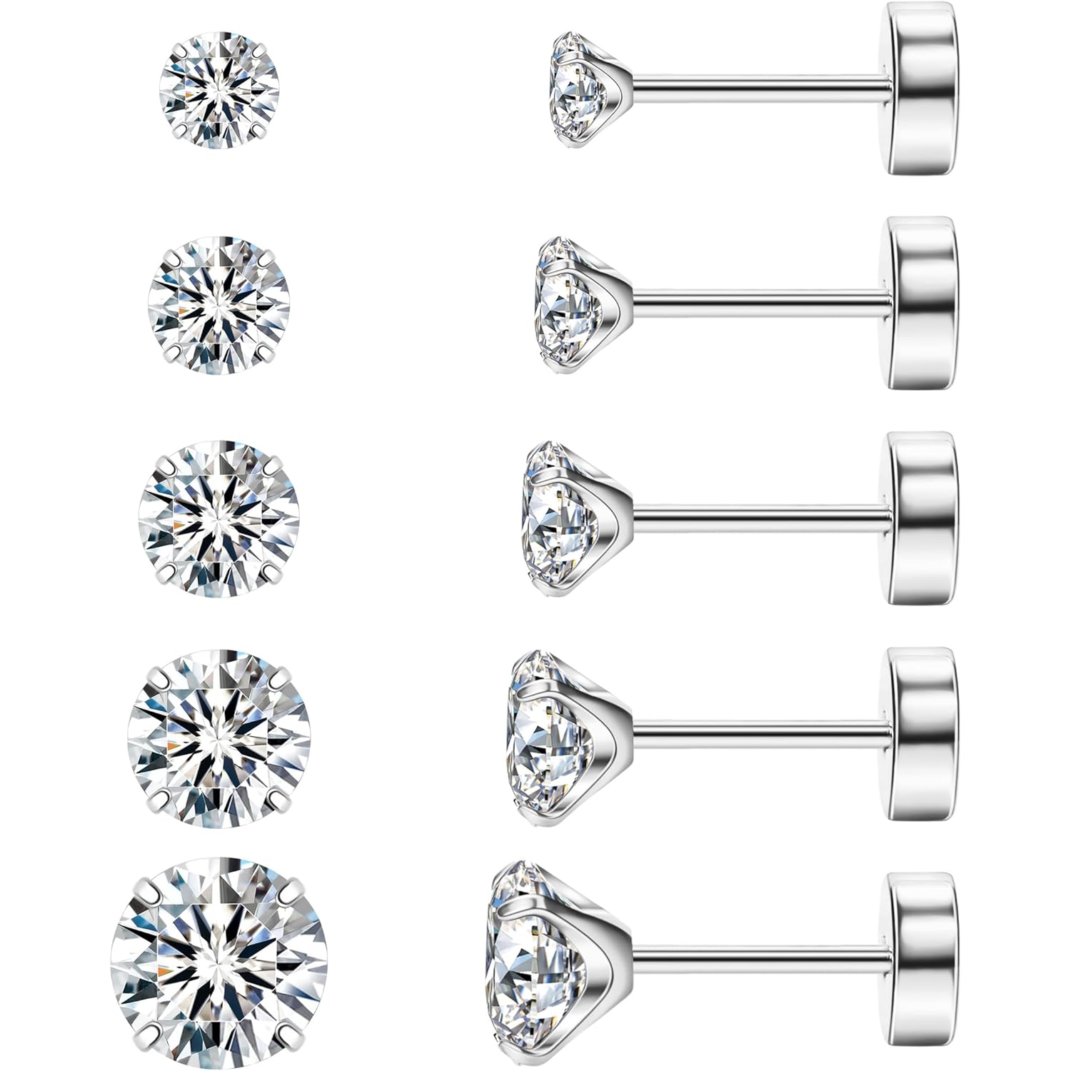 8MM Extra Long Post Earrings for Thick Earlobes 316L Surgical Stainless Steel Flat Back Earrings Hypoallergenic 5A Cubic Zirconia Stud Earrings for Women Men