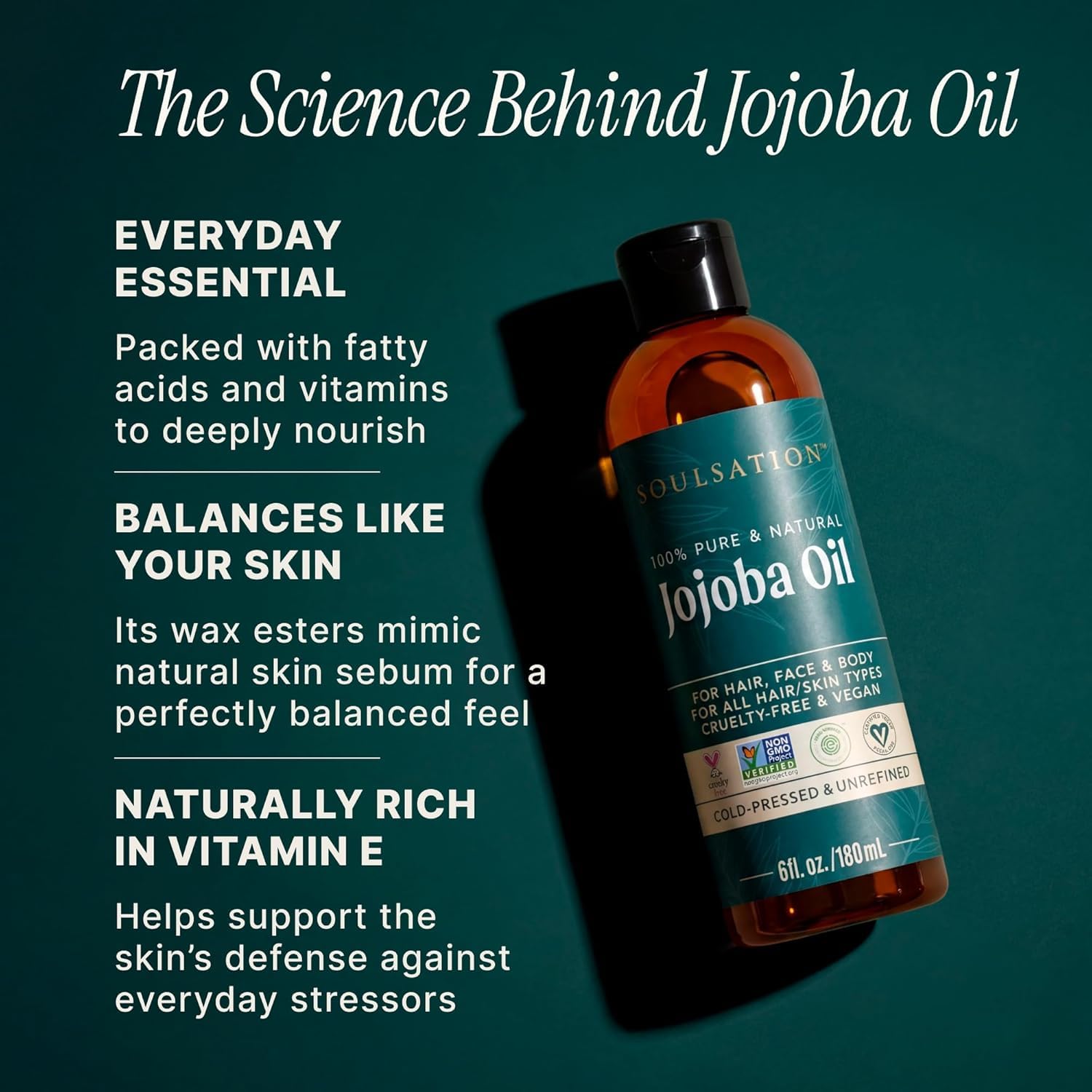 Soulsation Pure Jojoba Oil For Skin, Hair, Face & Body – 100% Natural, Cold Pressed, Unrefined | Non-Gmo, Ewg Verified, Cruelty-Free, Vegan Moisturizing Oil For Dry Skin, Scalp & Beard 4Oz