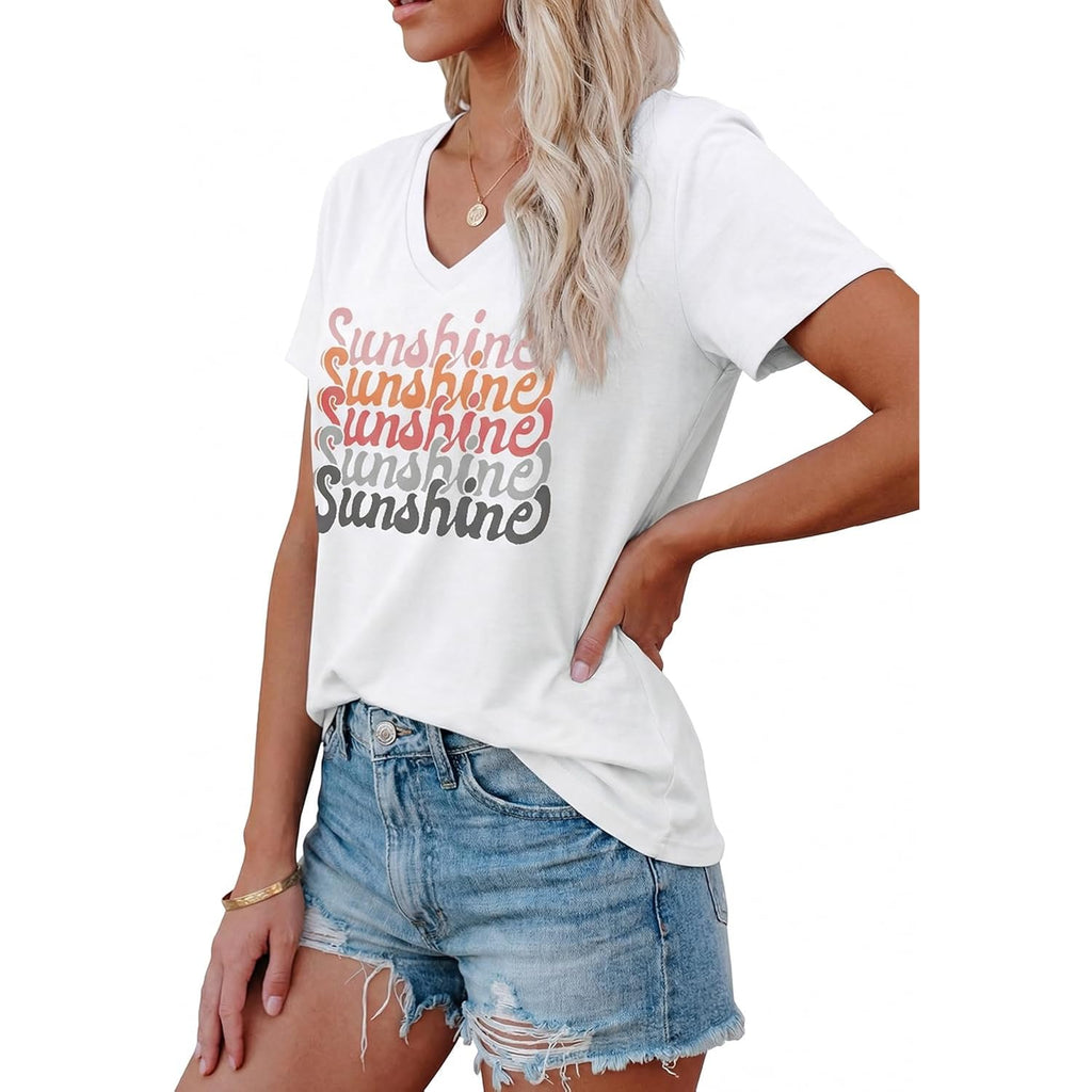 YEXIPO Womens Graphic Tees V-Neck T Shirts Spring Short Sleeve Funny Letter Print Casual Loose Cute Summer Tops White Sunshine