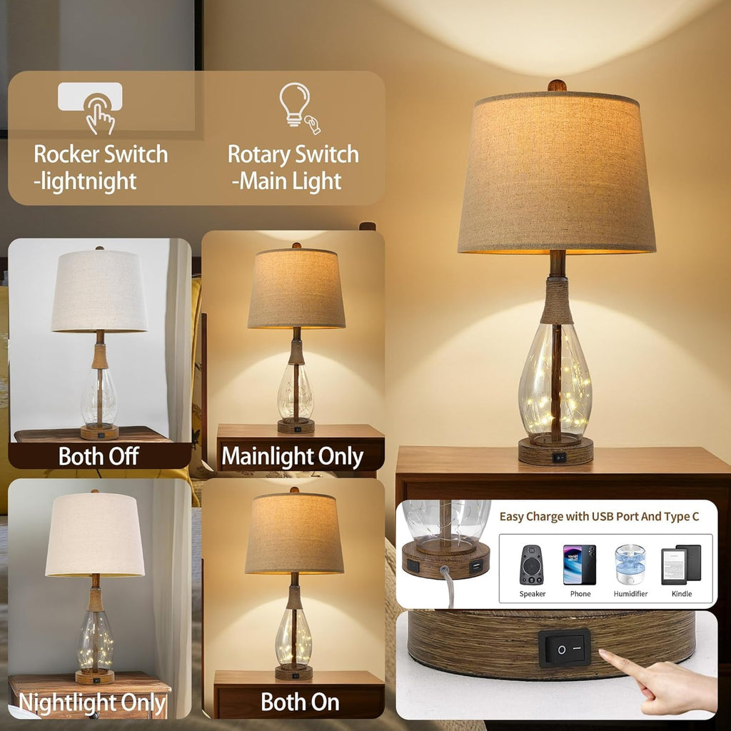 Bedside Table Lamps Set Of 2 With Usb & Faily Night Lights, Farmhouse Boho Bedroom Lamps With Rattan, Night Stand  Glass Table Lamps For End Side Table, Bulbs Included