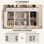 55" Large Buffet Cabinet With Storage, Coffee Bar Cabinet With 4 Doors And 3 Drawers, Kitchen Cabinet With Plexiglass Doors For Living Room, White
