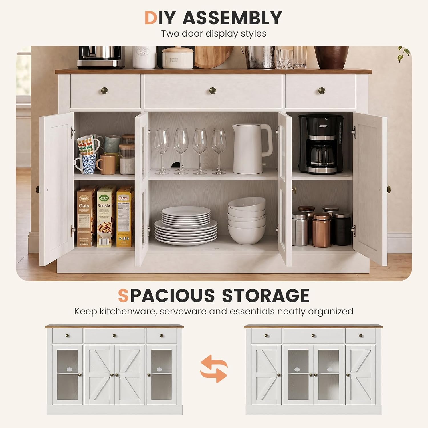 55" Large Buffet Cabinet With Storage, Coffee Bar Cabinet With 4 Doors And 3 Drawers, Kitchen Cabinet With Plexiglass Doors For Living Room, White