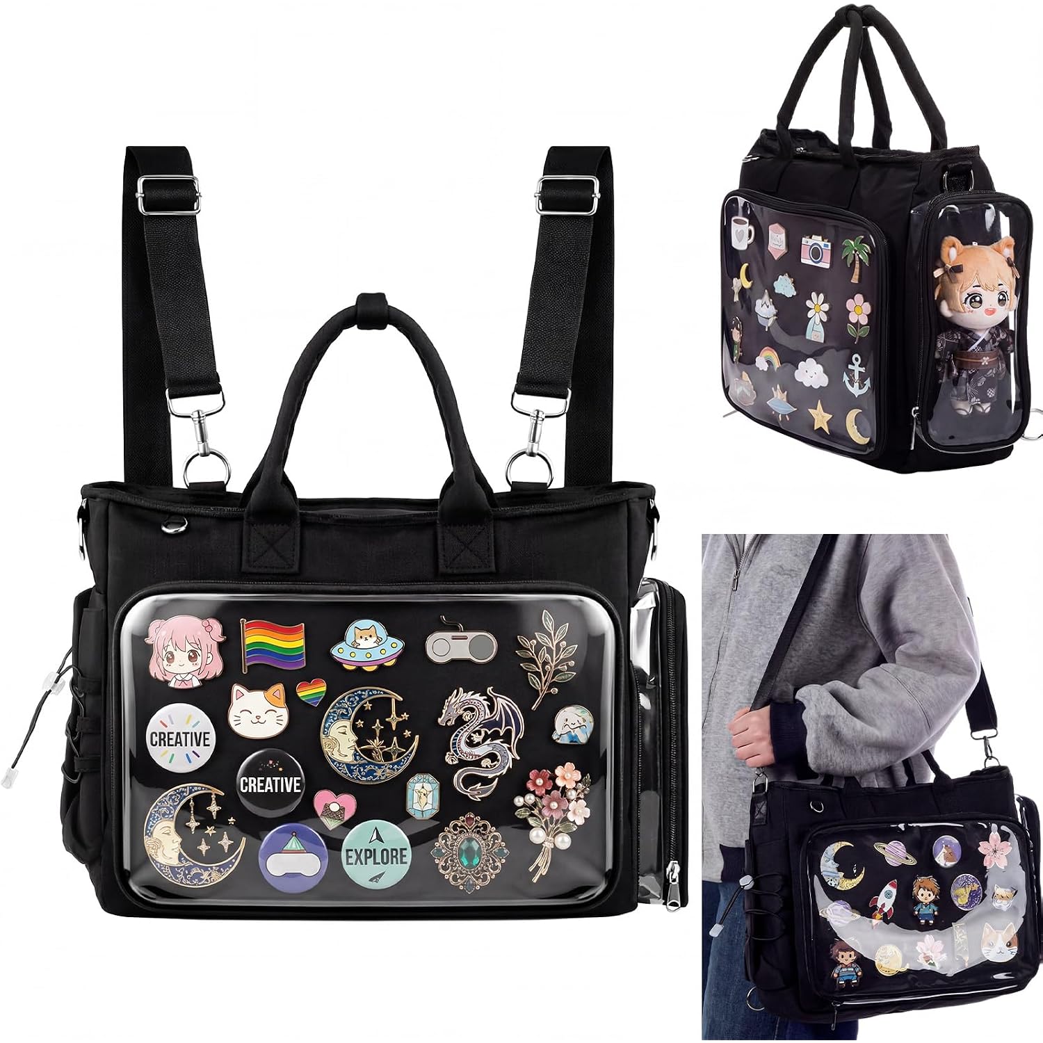 Large Ita Backpack Shoulder Tote Bag Crossbody Handbags Kawaii Black Ita Purse With Clear Pvc Insert For Pin Display Kpop Fan Anime (Pins Not Included)