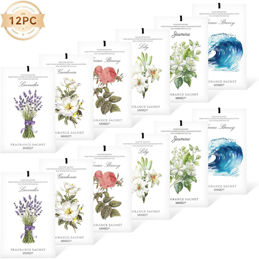 Myaro 12 Pack Assorted Floral Scented Sachets - Lavender, Rose, Jasmine, Ocean, Gardenia & Lily | Drawer, Closet & Car Air Freshener Bags | Multi-Scent Home Fragrance Gift Set