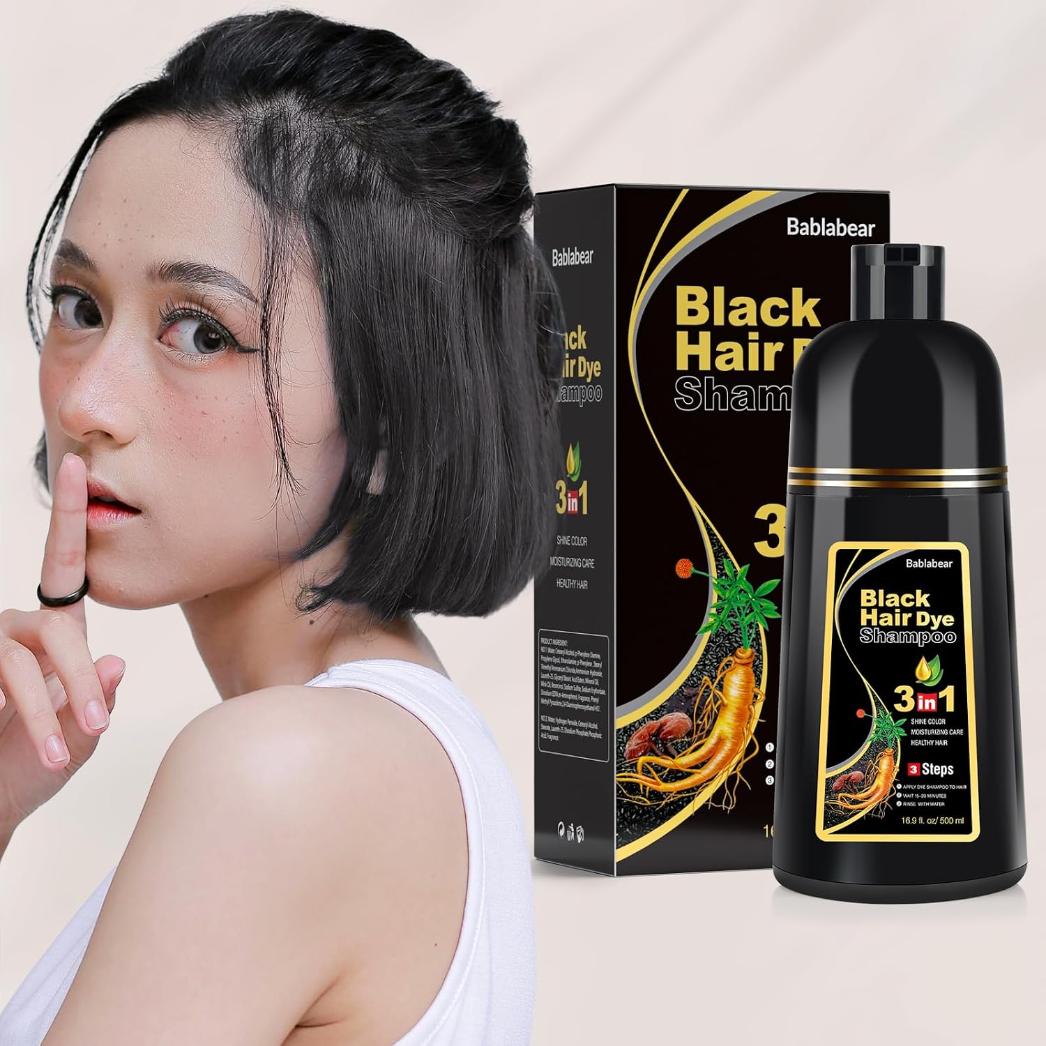 Bablabear Black Hair Dye Shampoo For Gray Hair,Hair Color Shampoo For Women And Men, Grey Coverage.500Ml
