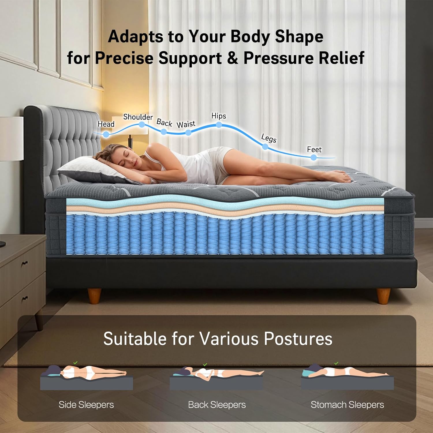 Queen Mattress, 12 Inch Queen Size Mattresses In A Box,Hotel-Level Luxury Upgraded Cooling Gel Memory Foam Upgraded Pocket Springs, Relieve Back Waist Pain, Zoned Support Medium Firm,365-Night Trial