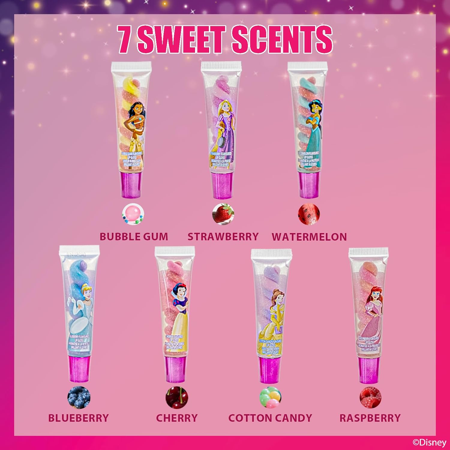 Townley Girl Disney Princess 7 Piece Swirl Lip Gloss, Girls Kids Party Favors, Lip Set for Girls, Perfect for Birthday Gifts, Plant Based, Ages 3