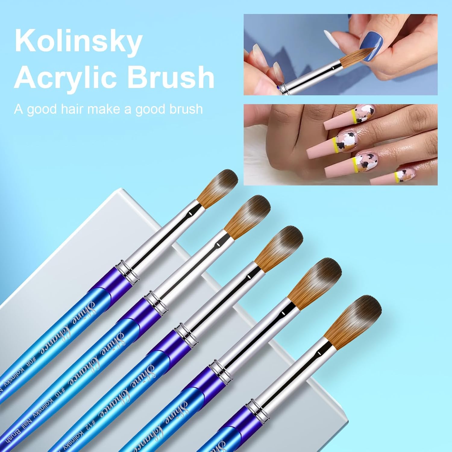 Acrylic Nail Brush - Size 12, 100% Pure Kolinsky Sable 3D Art Nail Brush & Application Tool - Gradient Blue Handle