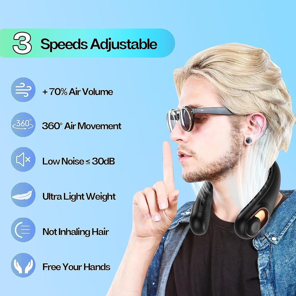 Kidee Neck Fan, Portable Bladeless Neck Fans, Upgrade 360° Airflow, Super Quiet, 3 Speeds, 4000Mah Personal Wearable Neck Fan, Upgraded Cooling Air Volume Usb Rechargeable Hands Free Fan