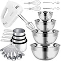 Wepsen Hand Mixer Electric Mixing Bowls Set, 5 Speeds Handheld Mixer With 4 Nesting Stainless Steel Mixing Bowl, Measuring Cups Spoons 200W Kitchen Blender Whisk Beater Baking Supplies For Beginner