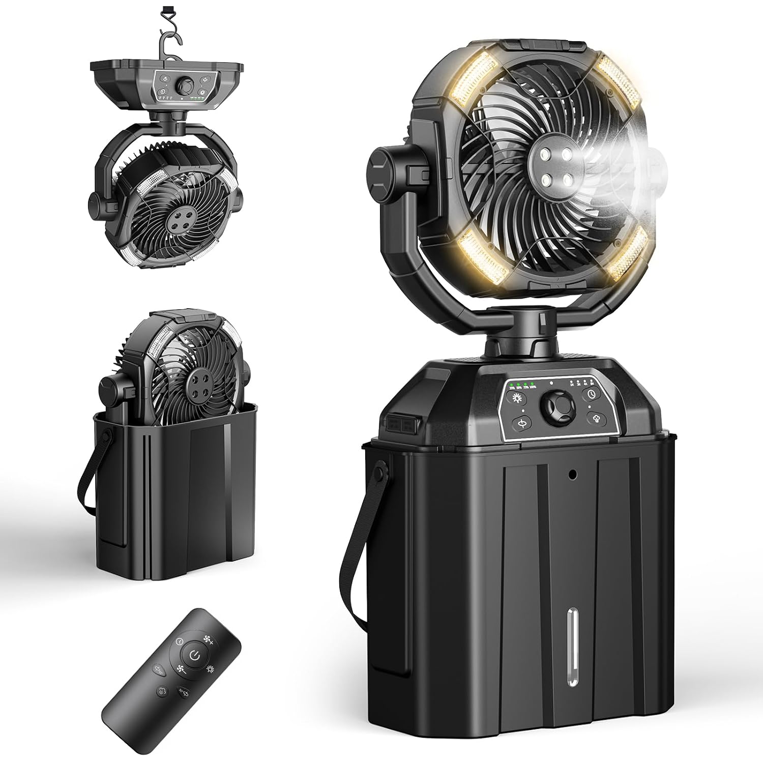 Portable Misting Fan Rechargeable For Hot Weather - 9-Inch Auto Swivel Camping Fan With 25000Mah Usb Battery As Power Bank, Outdoor Fan With 4 Mist Cooler, 7L Bucket For Patio,Yard,Beach,Golf (Black)