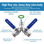 304 Stainless Steel Garden Hose Splitter 2 Way Heavy Duty, Full Flow Y Valve Water Hose Splitter With Long Handle, Lead-Free，3/4" Ght Thread