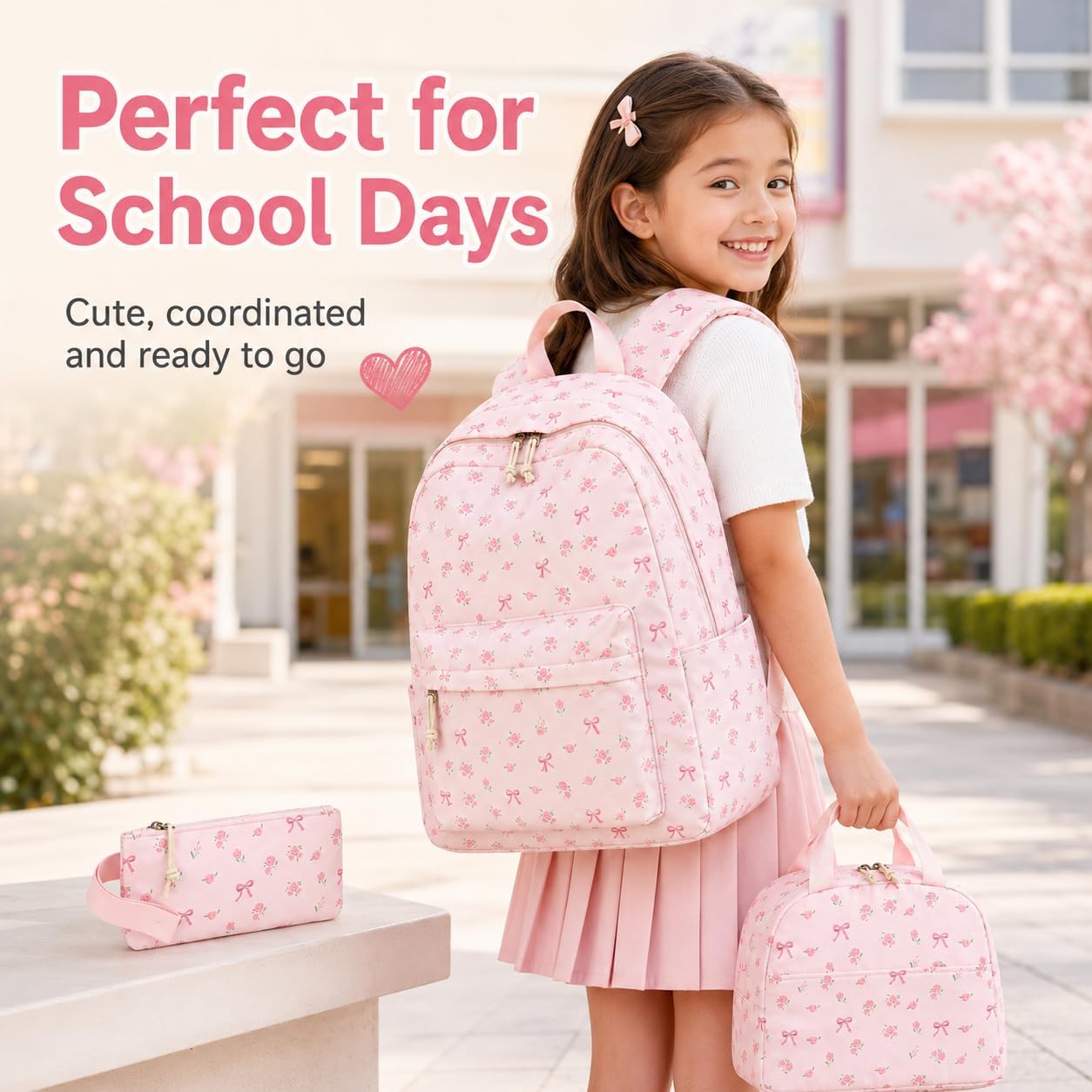 Bluboon Teen Girls School Backpack Kids Bookbag Set With Lunch Box Pencil Case Travel Laptop Backpack Casual Daypacks (Pink Bow Tie)