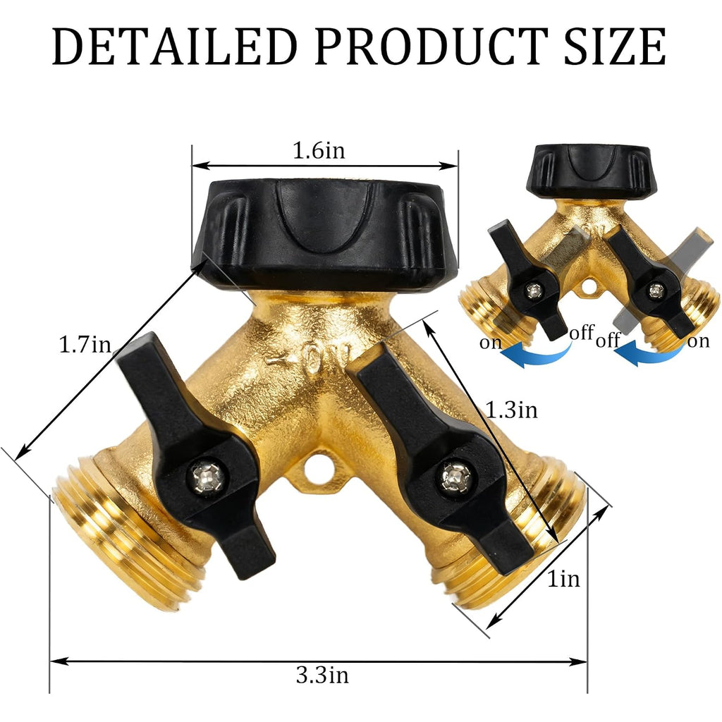 Hourleey Brass Garden Hose Splitter 2 Way, 3/4 Inch Hose Connector Tap Splitter, Hose Y Splitter, Hose Spigot Adapter 2 Valves With Extra Rubber Washers