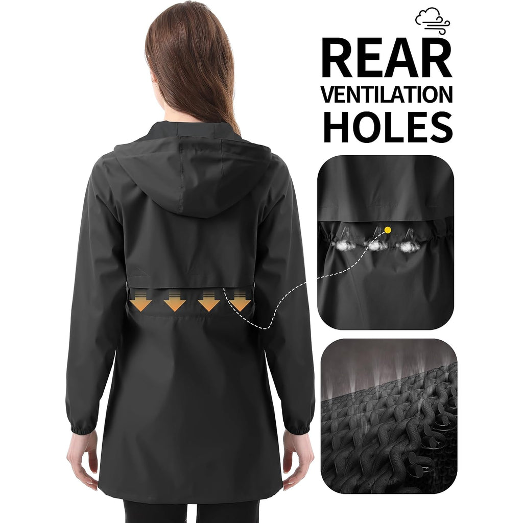 Women'S Long Rain Jacket Waterproof Lightweight Packable Raincoat Hood Windbreaker For Outdoor Hiking, Cycling, Travel