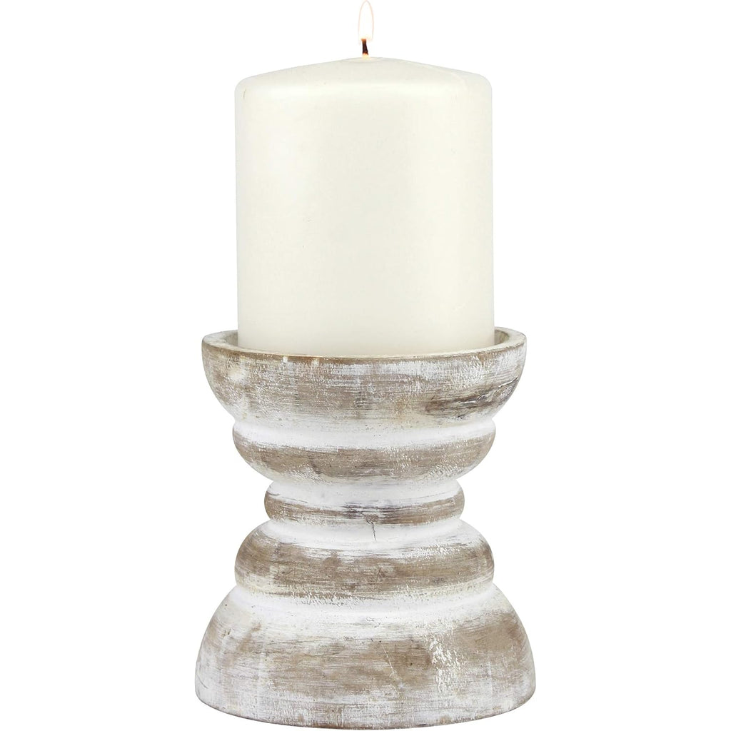 Stonebriar Antique White Wooden Pillar Candle Holder, Vintage Seaside Pillar Stand for Dining Table Centerpiece, Coffee Table, Mantel, Or Any Table Top, Small
