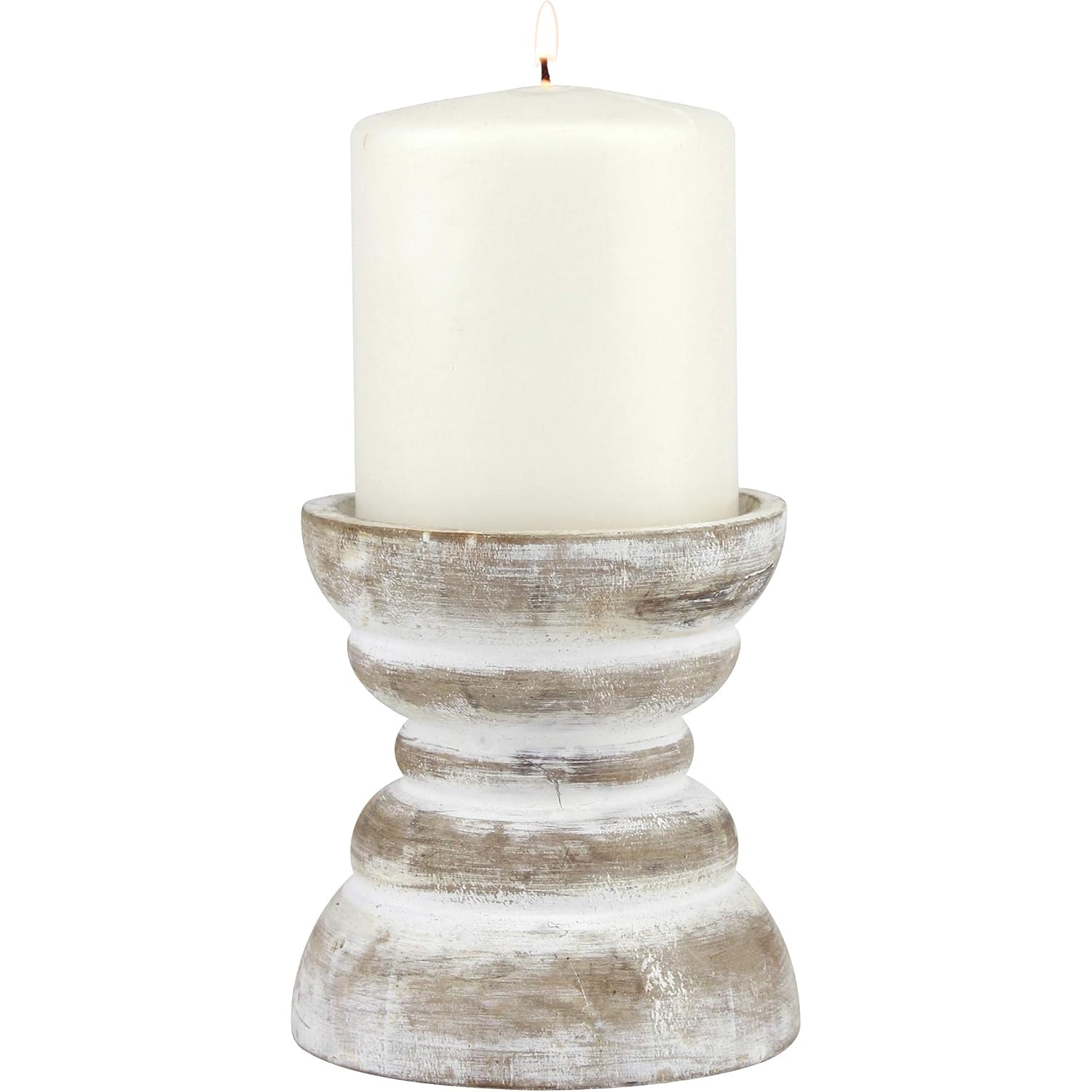 Stonebriar Antique White Wooden Pillar Candle Holder, Vintage Seaside Pillar Stand for Dining Table Centerpiece, Coffee Table, Mantel, Or Any Table Top, Small