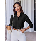 Women Button Down Shirts 3/4 Sleeve Basic Business Dress Shirt Slim Fitted Classic V Neck Button Up Work Blouse Tops