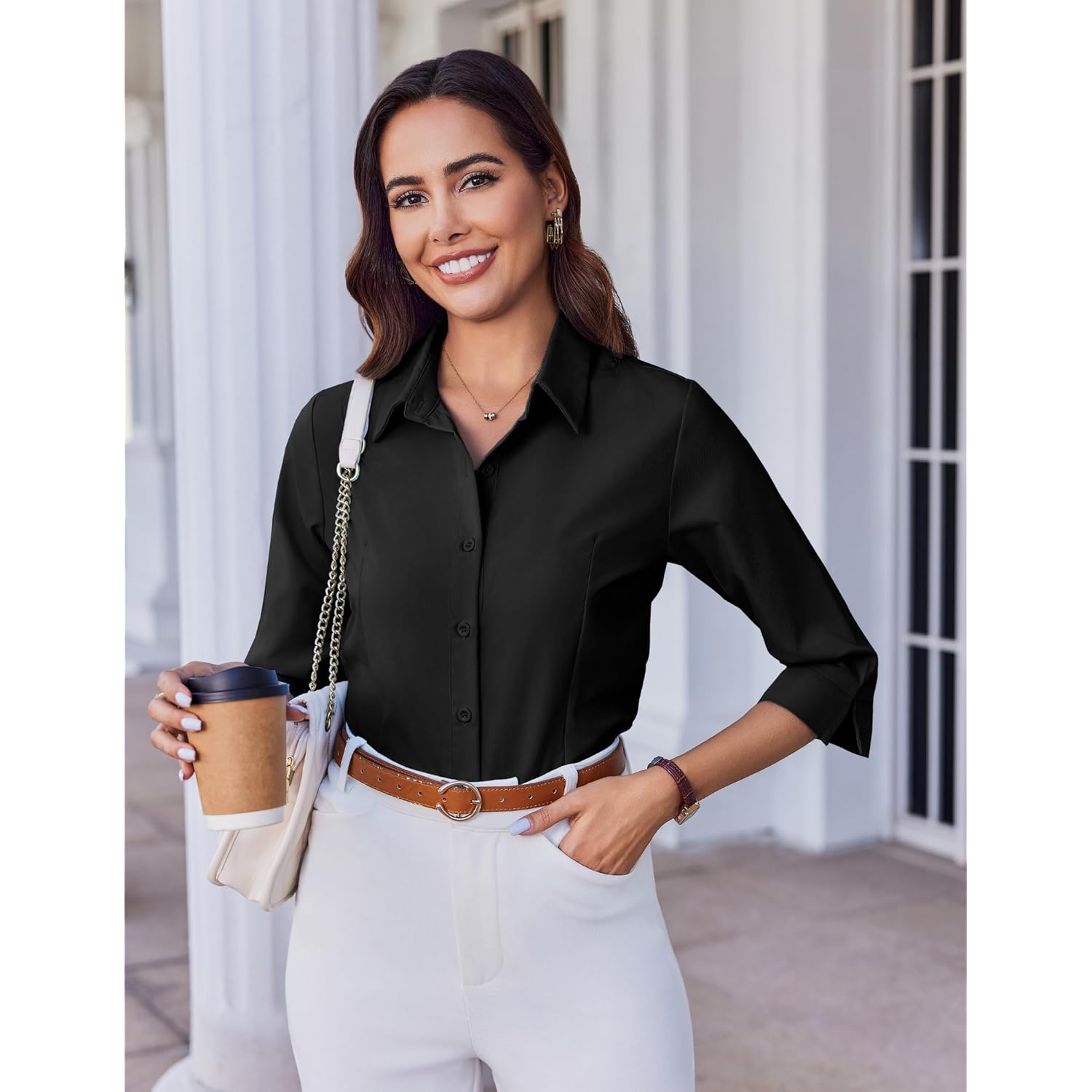 Women Button Down Shirts 3/4 Sleeve Basic Business Dress Shirt Slim Fitted Classic V Neck Button Up Work Blouse Tops