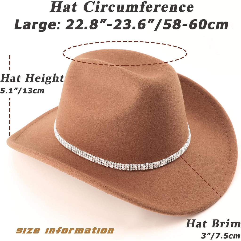 Western Cowboy Hats for Women Classic Felt Wide Brim Fedora Hat with Belt Buckle Retro Panama Hat Unisex Rolled up Cap 1 Pack : Khaki With 3 Rhinestones Bands
