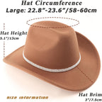 Western Cowboy Hats for Women Classic Felt Wide Brim Fedora Hat with Belt Buckle Retro Panama Hat Unisex Rolled up Cap 1 Pack : Khaki With 3 Rhinestones Bands