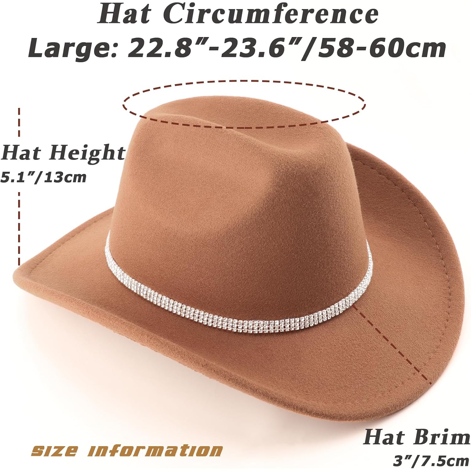 Western Cowboy Hats for Women Classic Felt Wide Brim Fedora Hat with Belt Buckle Retro Panama Hat Unisex Rolled up Cap 1 Pack : Khaki With 3 Rhinestones Bands