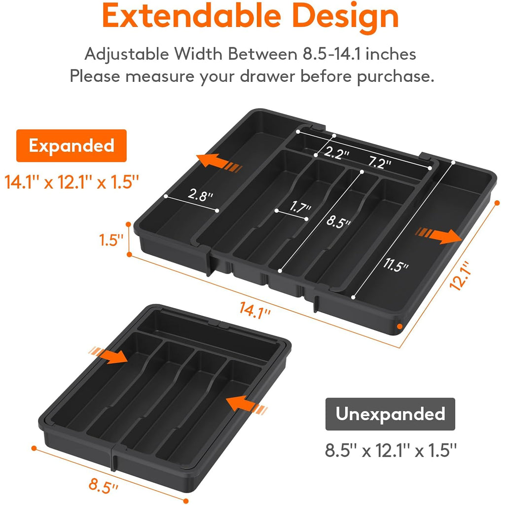 Lifewit Expandable Silverware Organizer, Plastic Utensil Tray for Kitchen Drawer, BPA Free Flatware Cutlery Holder, Space-Saving Storage for Spoons Forks Knives, 8.5-14 x 12 x 1.5 inch, Black
