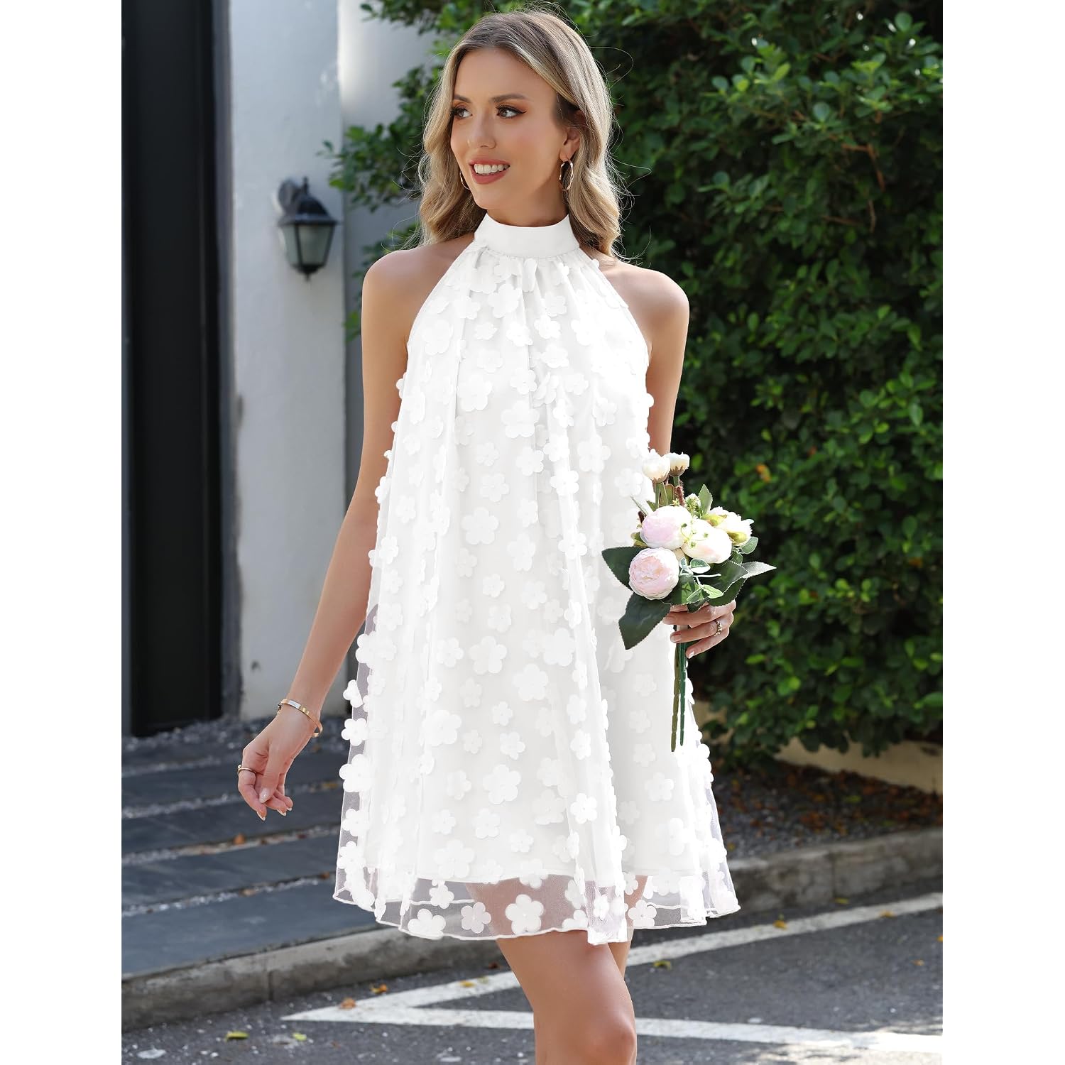 Gleeneat Womens Summer Halter Tulle Floral Bridal Shower Cocktail Wedding Guest Short Dresses A Line Sleeveless Mini Dress