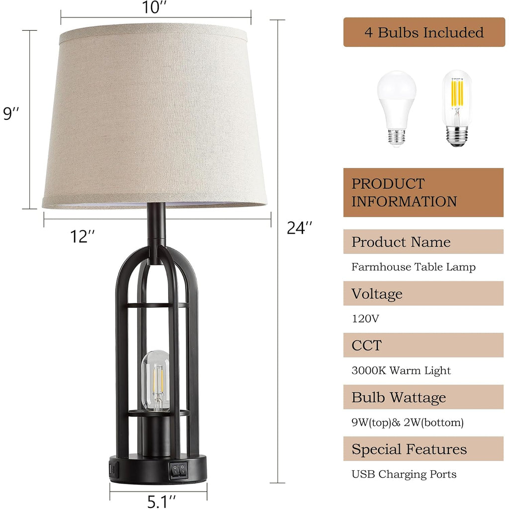 Srjja Black Table Lamps For Living Room Set Of 2 - Farmhouse Lamps For Night Stands With Usb A+C, Bedside Lamps For Bedroom, 24'' Industrial Lamp For Living Room End Tables