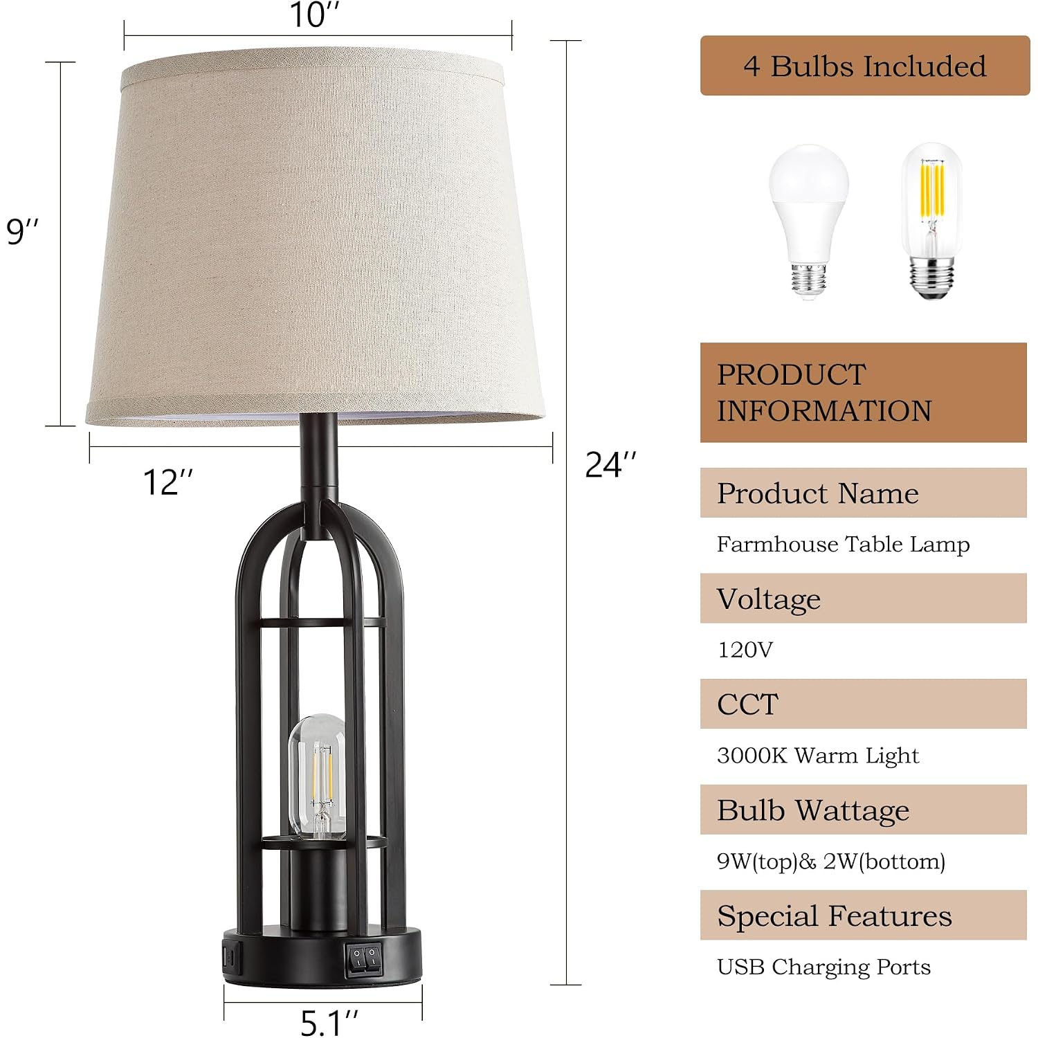 Srjja Black Table Lamps For Living Room Set Of 2 - Farmhouse Lamps For Night Stands With Usb A+C, Bedside Lamps For Bedroom, 24'' Industrial Lamp For Living Room End Tables
