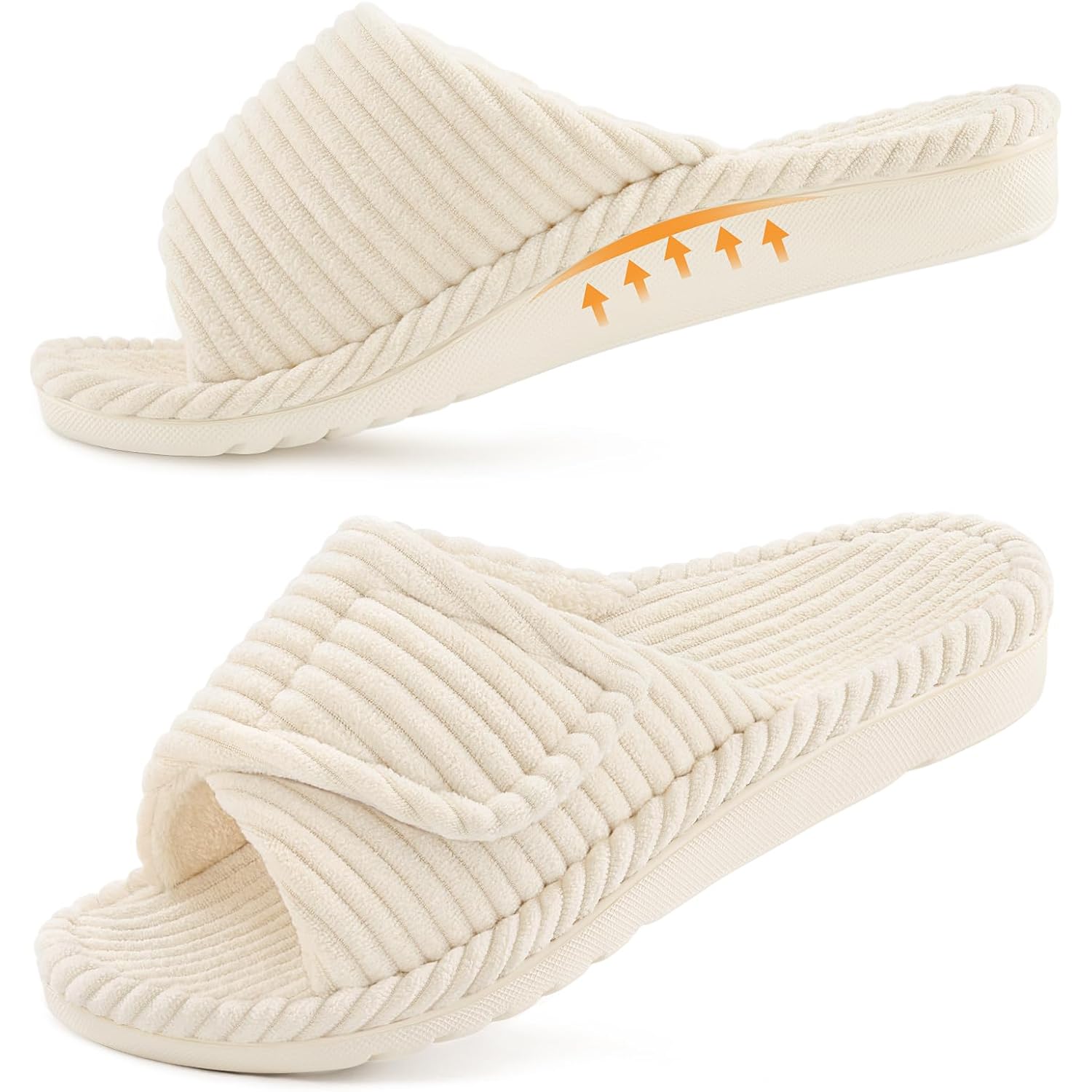 Orthopedic Slippers For Women Arch Support Indoor House Slippers Adjustable Open Toe Corduroy Bedroom Shoes With Memory Foam For Plantar Fasciitis