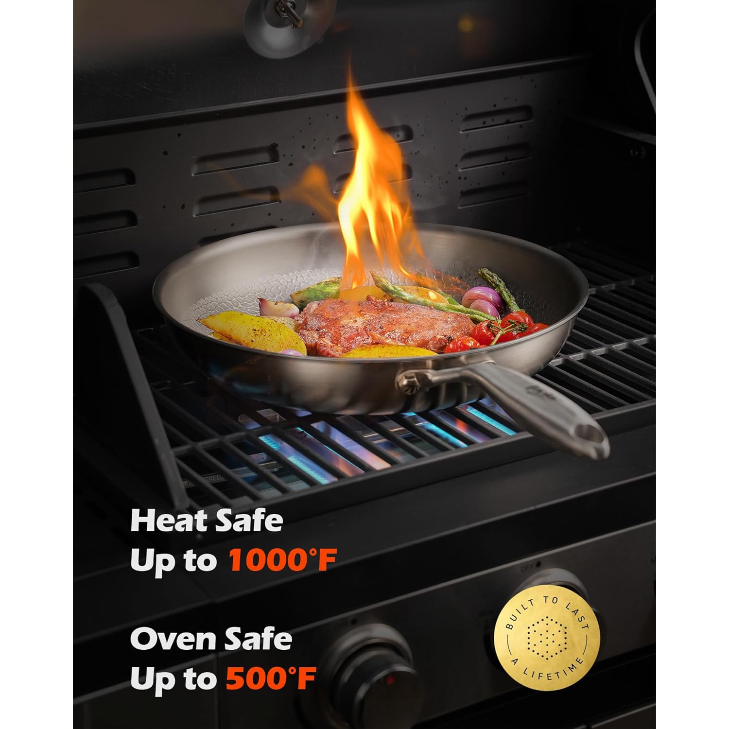 Titanium pans for cooking Non Stick,12" Uncoated Hammered titanium pro frying pan, PFAS Free Cookware, Butter warmer skillet, Induction & Oven-Safe
