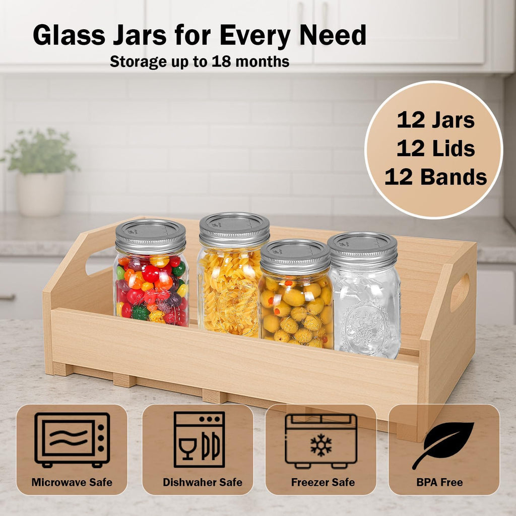 Ball Regular Mouth Mason Jars 16 Oz. (12 Pack) - Pint Size Jars With Airtight Lids And Bands For Canning, Fermenting, Pickling, Meal Prep Or Diy Decors And Projects Bundled With Peaknip Jar Opener