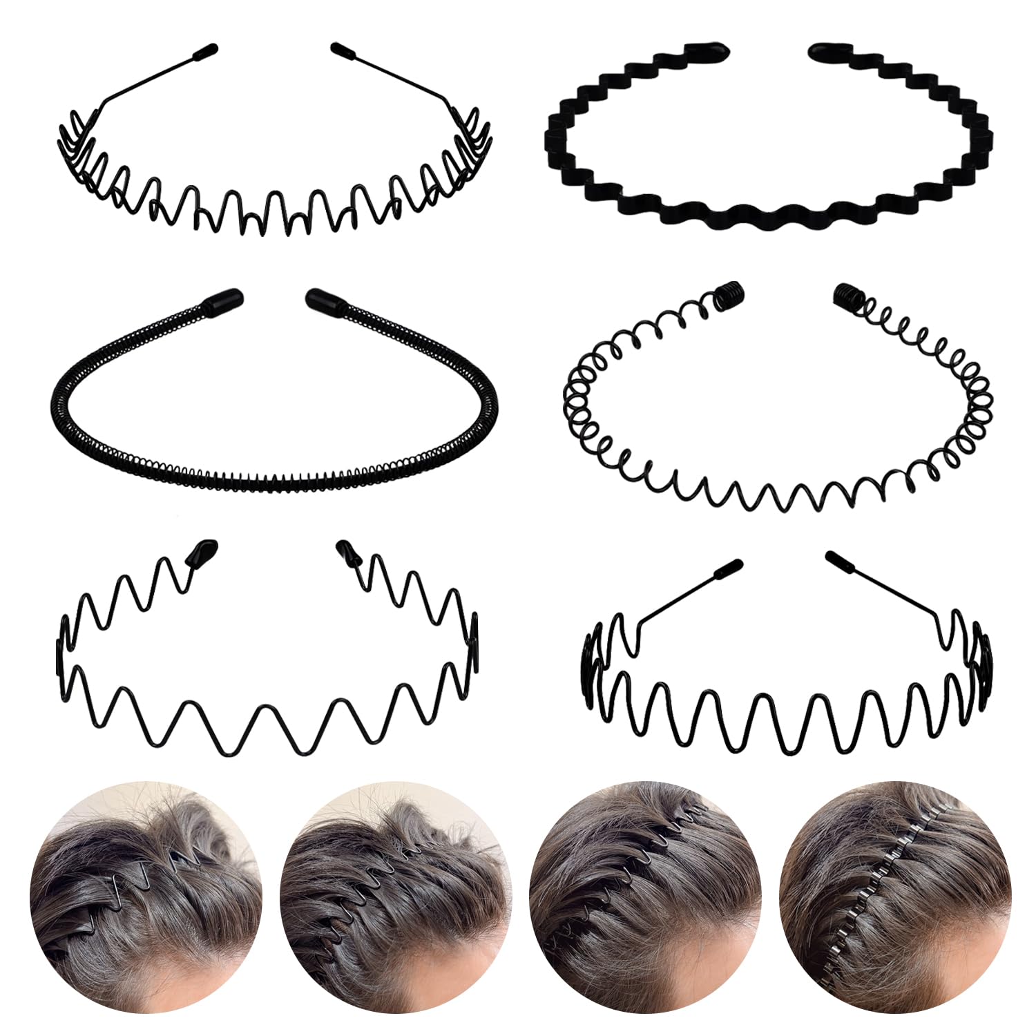 6Pcs Metal Hair Bands, Spring Wavy Hoop Unisex Black Headband Slicked Back Non Slip Sports Hairband For Women Men…