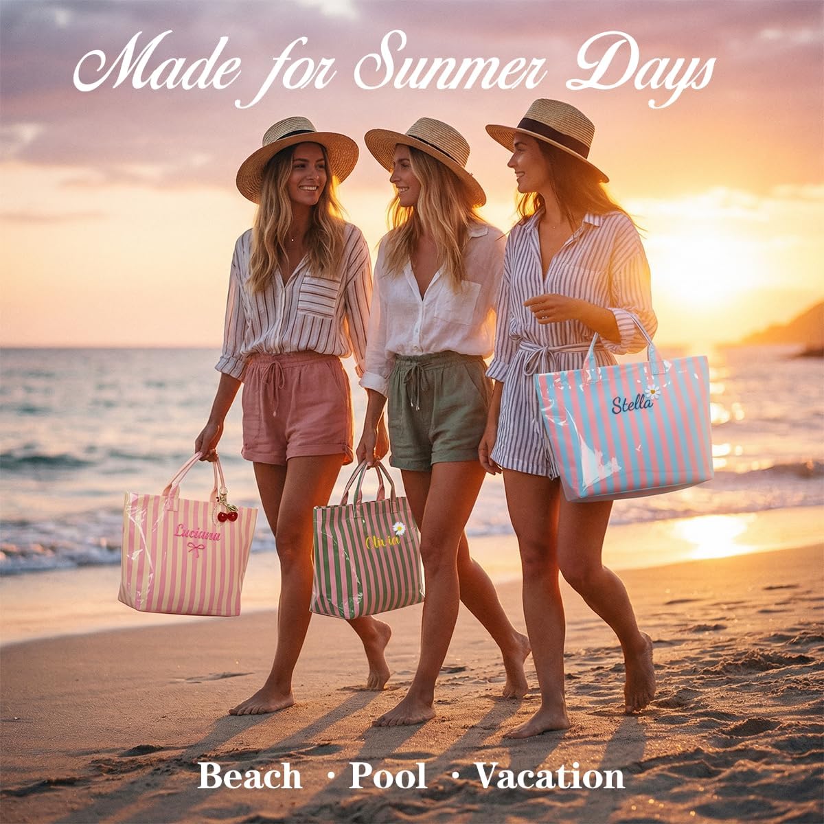 Personalized Striped PVC Tote Bag for Women w/ Name, Custom Waterproof Stylish Plastic Glossy Bag for Beach Pool Large Plaid Letters Print Hobo Handbag for Summer Vacation Travel, Girls Trip Gift