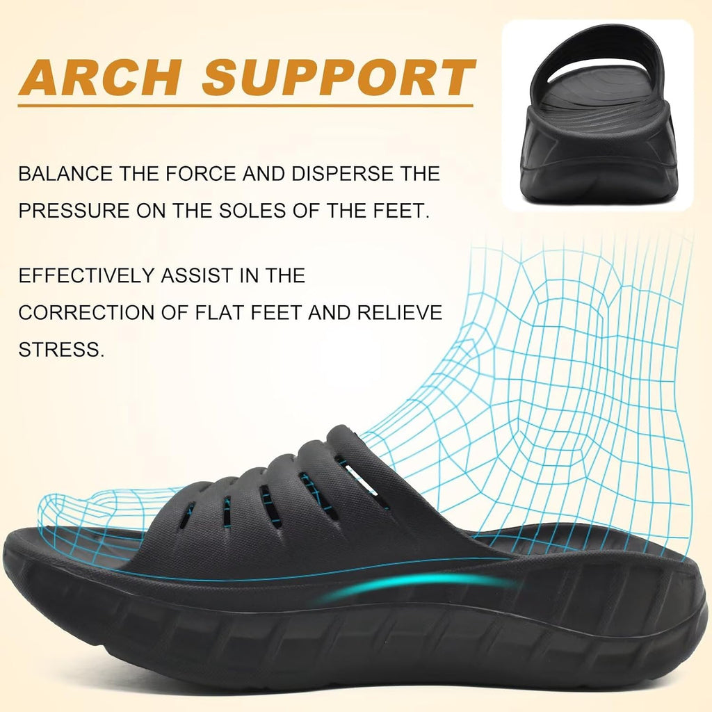 Kuailu Mens Recovery Sandals Orthotic Arch Support Open Toe Sport Slides Thick Cushion Orthopedic Plantar Fasciitis Slip On Wide Width Summer Pool Beach Waterproof