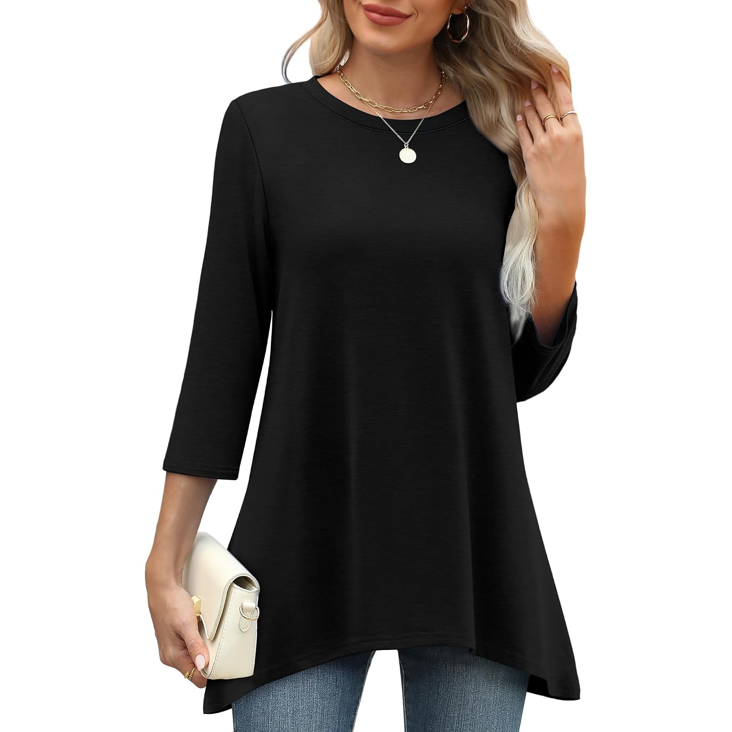 OFEEFAN Tunic Tops for Women Loose Fit Dressy 3/4 Length Sleeve Womens Tops with Asymmetrical Hem S-4XL