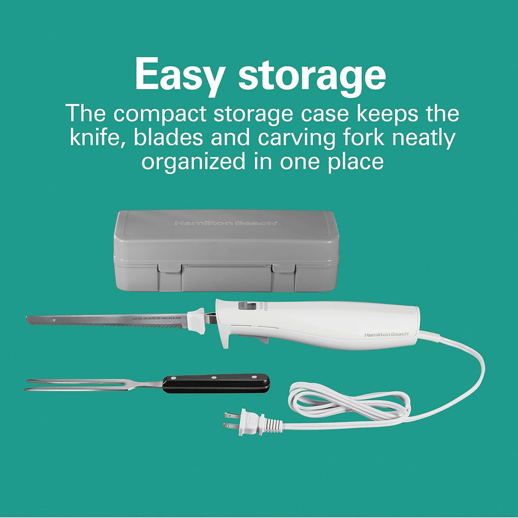 Hamilton Beach Electric Knife Set For Carving Meats, Poultry, Bread, Crafting Foam & More, Reciprocating Serrated Stainless Steel Blades, Ergonomic Design Storage Case + Fork Included, 5 Foot Cord