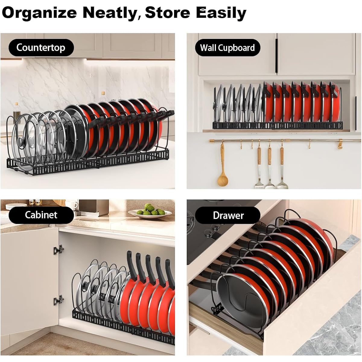 Housolution Pot And Pan Organizer Rack For Cabinet, Expandable Pot Lid Organizer Holder With 14 Adjustable Dividers, Fully Expanded Size 22.83" W X 7.09" D X 7.09" H, Black