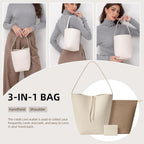 Genuine Leather Bucket Bag with Credit Card Holder Wallet, First Layer Pebble-grained Calfskin Tote Bag