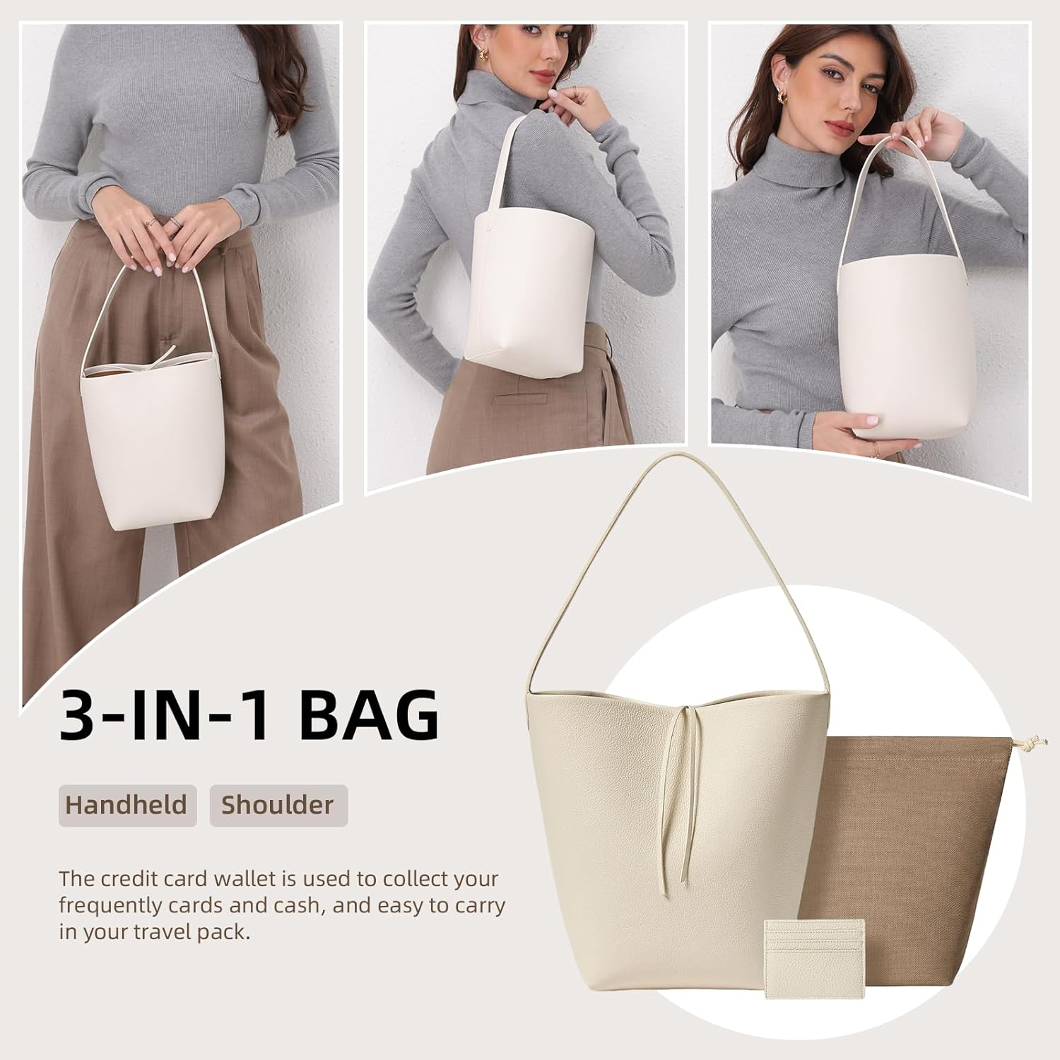 Genuine Leather Bucket Bag with Credit Card Holder Wallet, First Layer Pebble-grained Calfskin Tote Bag