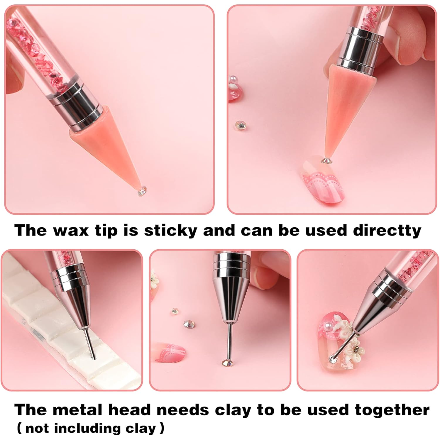 Kaychan Rhinestone Picker Tool 2 Acrylic Handle Rhinestones Applicator Dual-Ended DIY Nail Art Tool with 4 Extra Wax Tips and 1 Tweezer