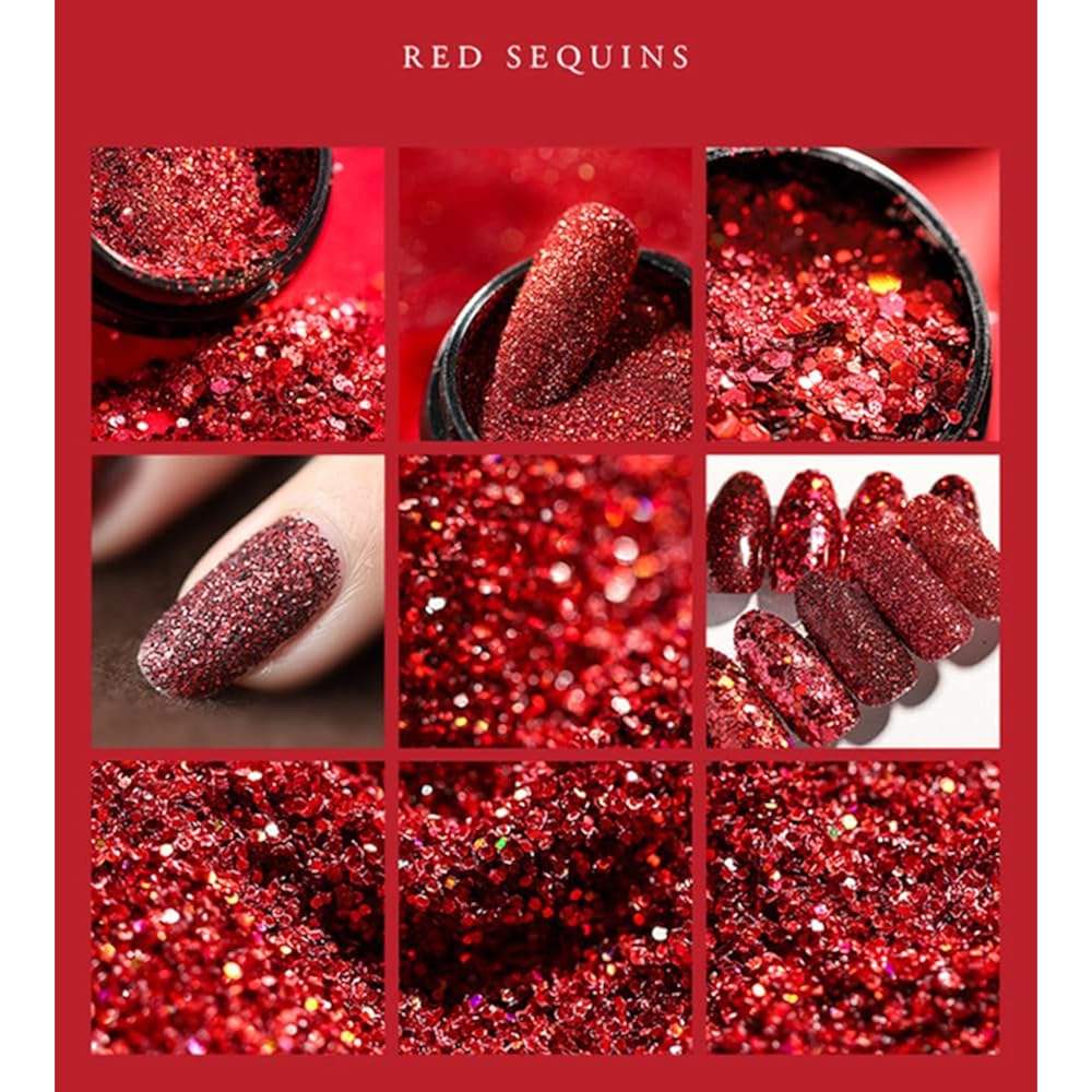 Red Nail Art Glitter Sequins Red Crystal Diamond Sparkly Nail Powder Valentine's Day Nail Supplies New Year Wedding Shiny Nail Flakes for Women Girls Holographic Manicure Tips Charms Pigment 6 Boxes