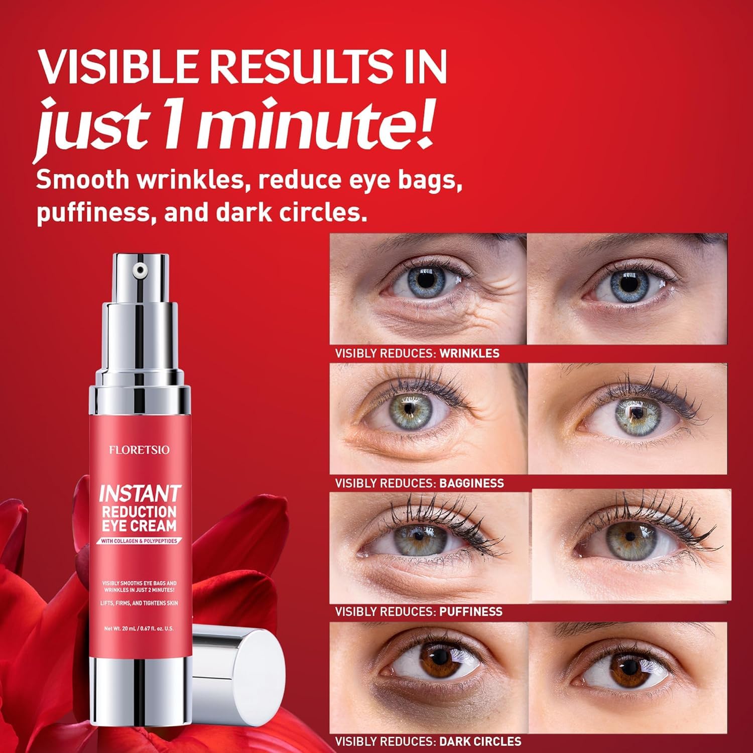 Instant Eye & Face Lift Cream: Rapid Under Eye Bags,Wrinkles, Dark Circles, Puffiness Remover For Women And Men In 60 Seconds - Temporary Firming & Tightening Treatment - Wrinkle Filler 0.67Oz