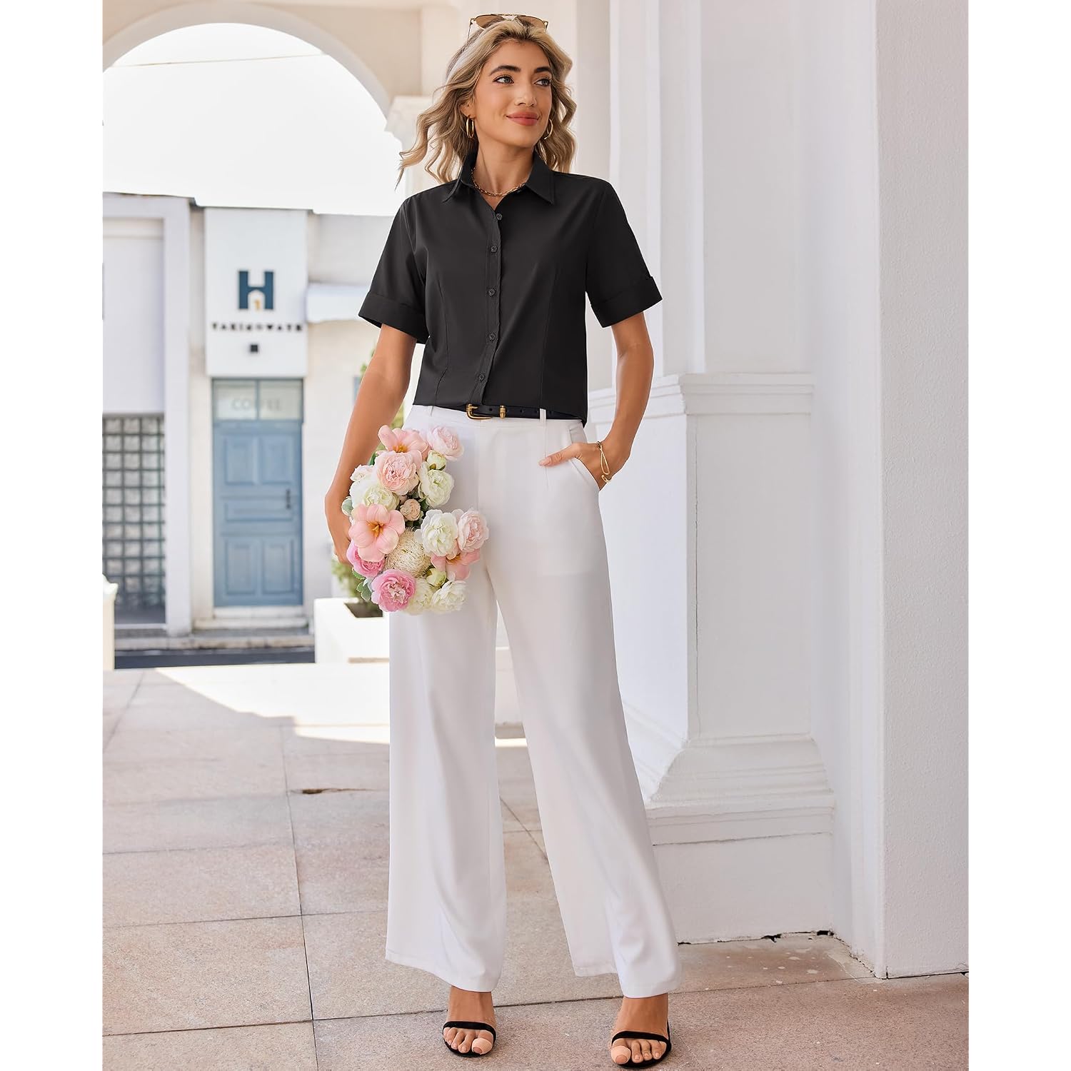 Siliteelon Button Down Shirts For Women Stain-Resistant Short Sleeve Collared Dress Shirt Business Casual Tops Work Blouse