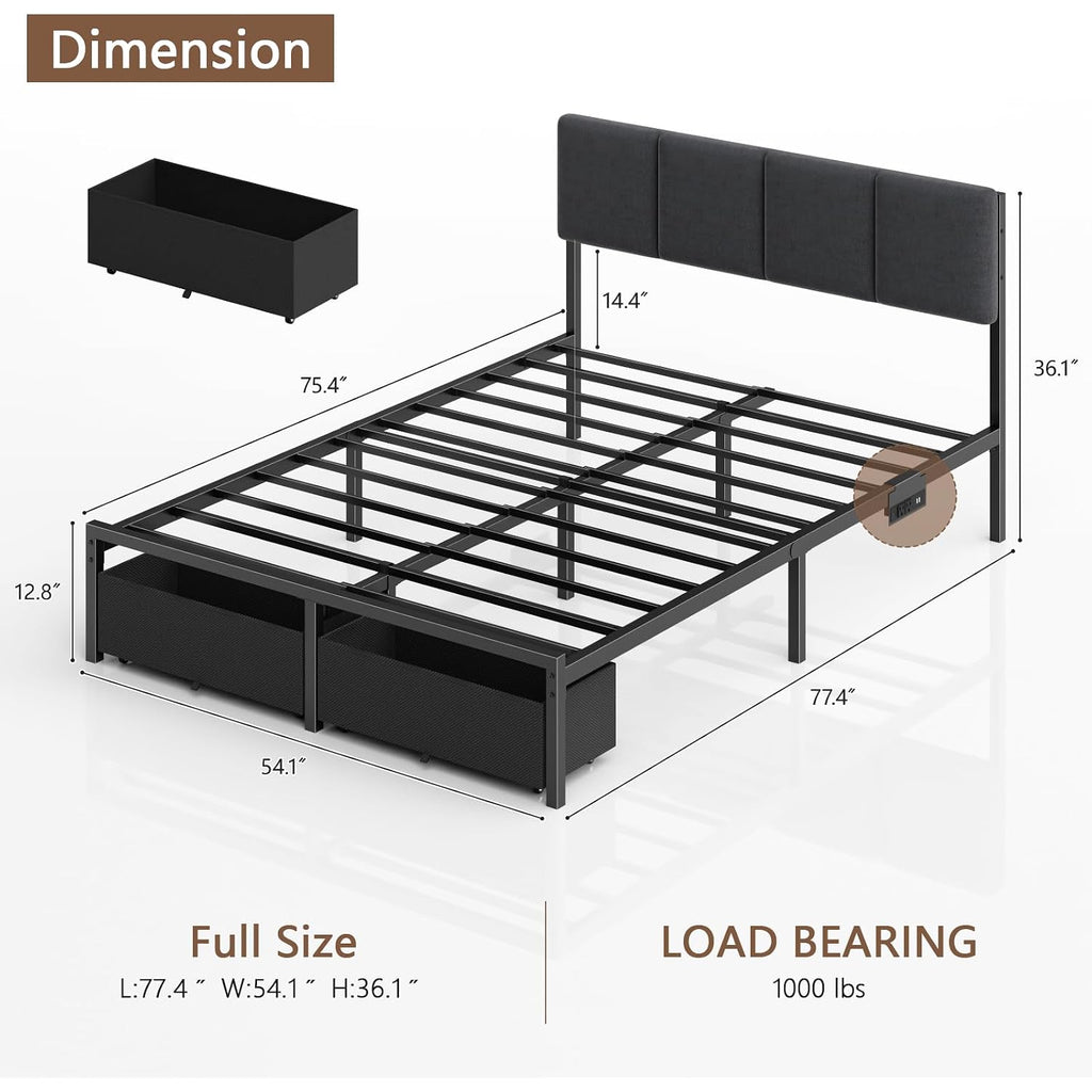 Full Size Bed Frame With Headboard, Upholstered Full Bed Frame With Led Light, Usb Charging Station, Platform Bedframe With 2 Fabric Underbed Storage Drawers, No Spring Box Needed