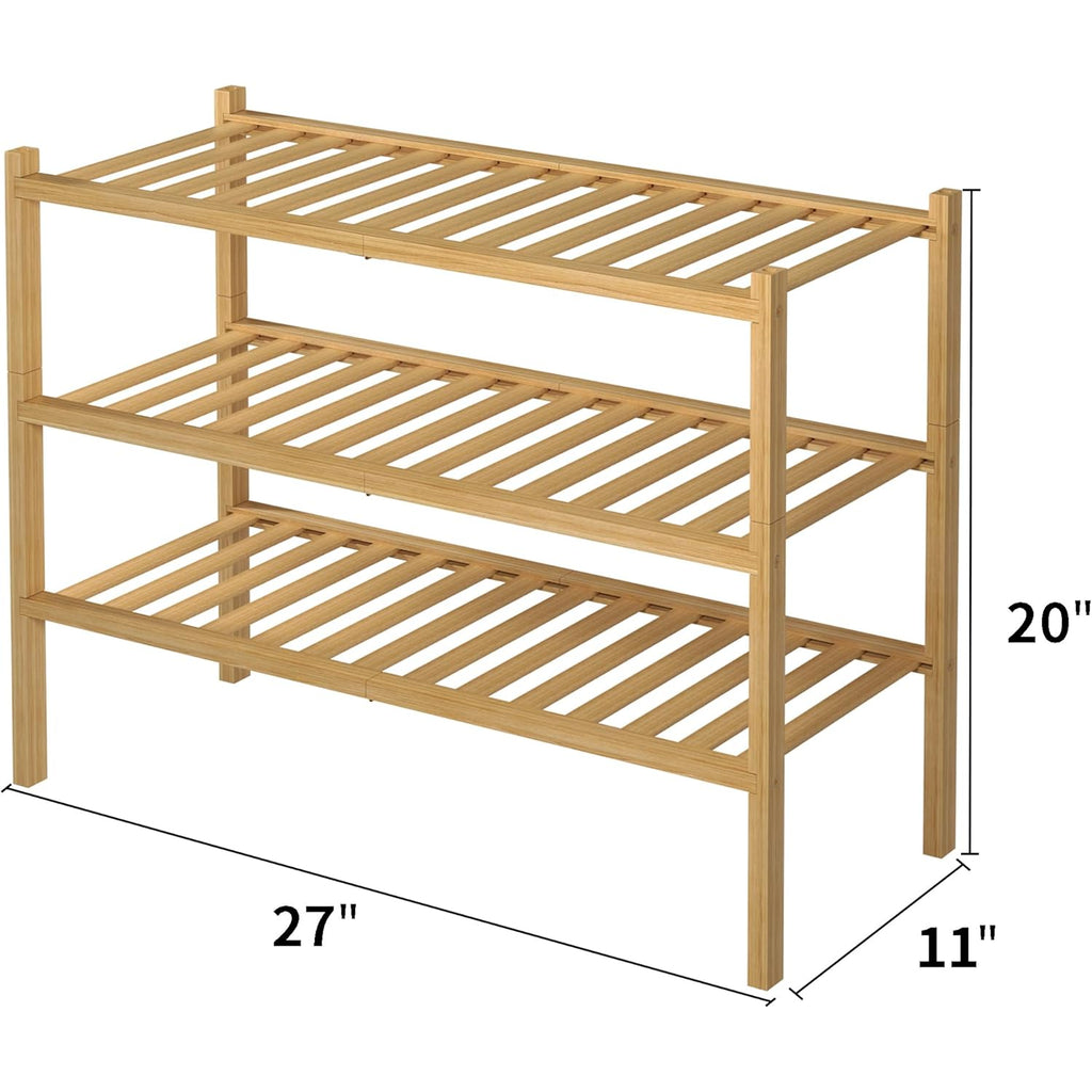 ROMGUAR CRAFT 3 Tier Bamboo Shoe Rack for Closet Free Standing Wood Shoe Shelf Storage Organizer for Entryway Small Space Stackable 27"x11"x20" (Natural)