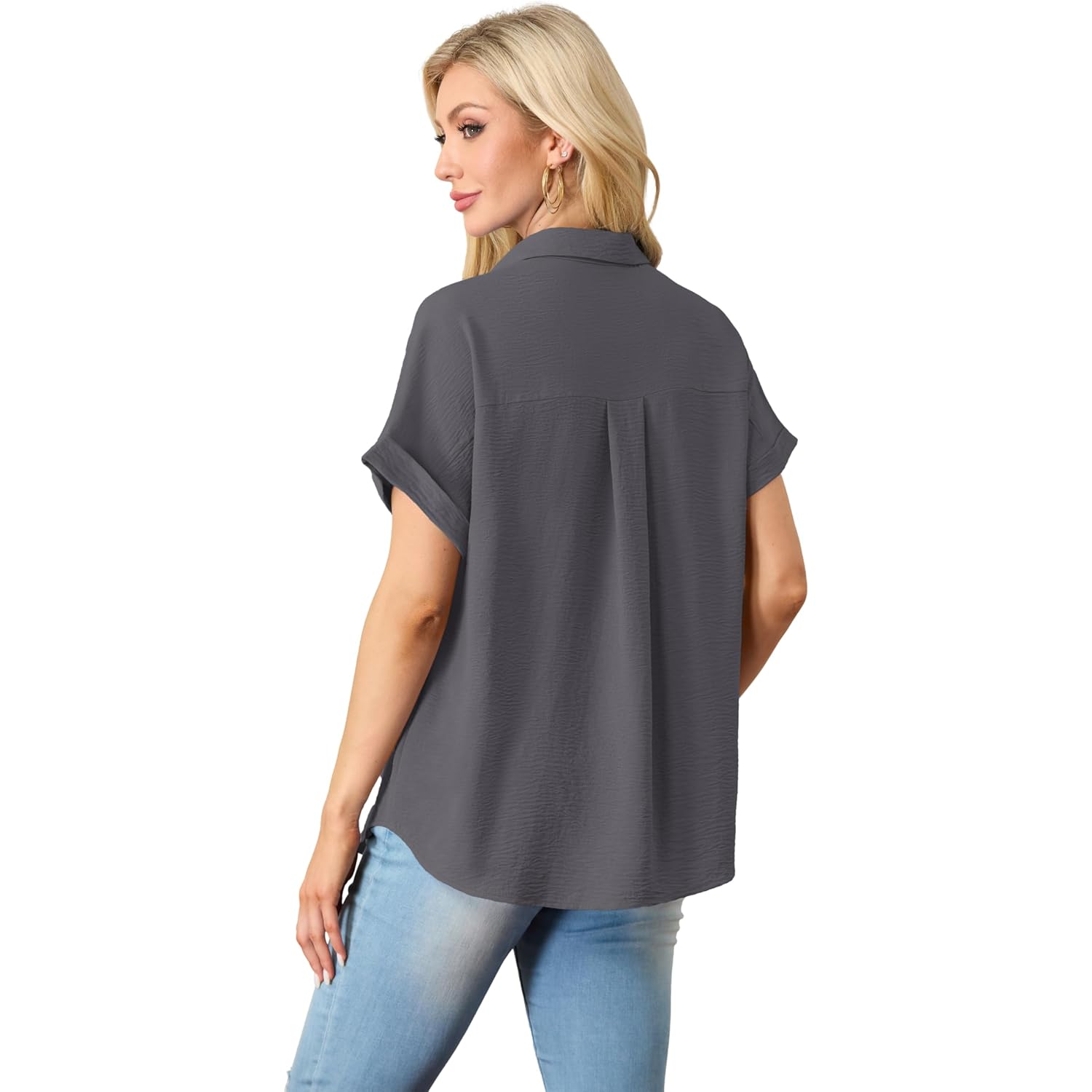 Button Down Short Sleeve Shirts for Women V Neck Loose Roll Up Collared Shirt Casual Summer Tops with Pockets
